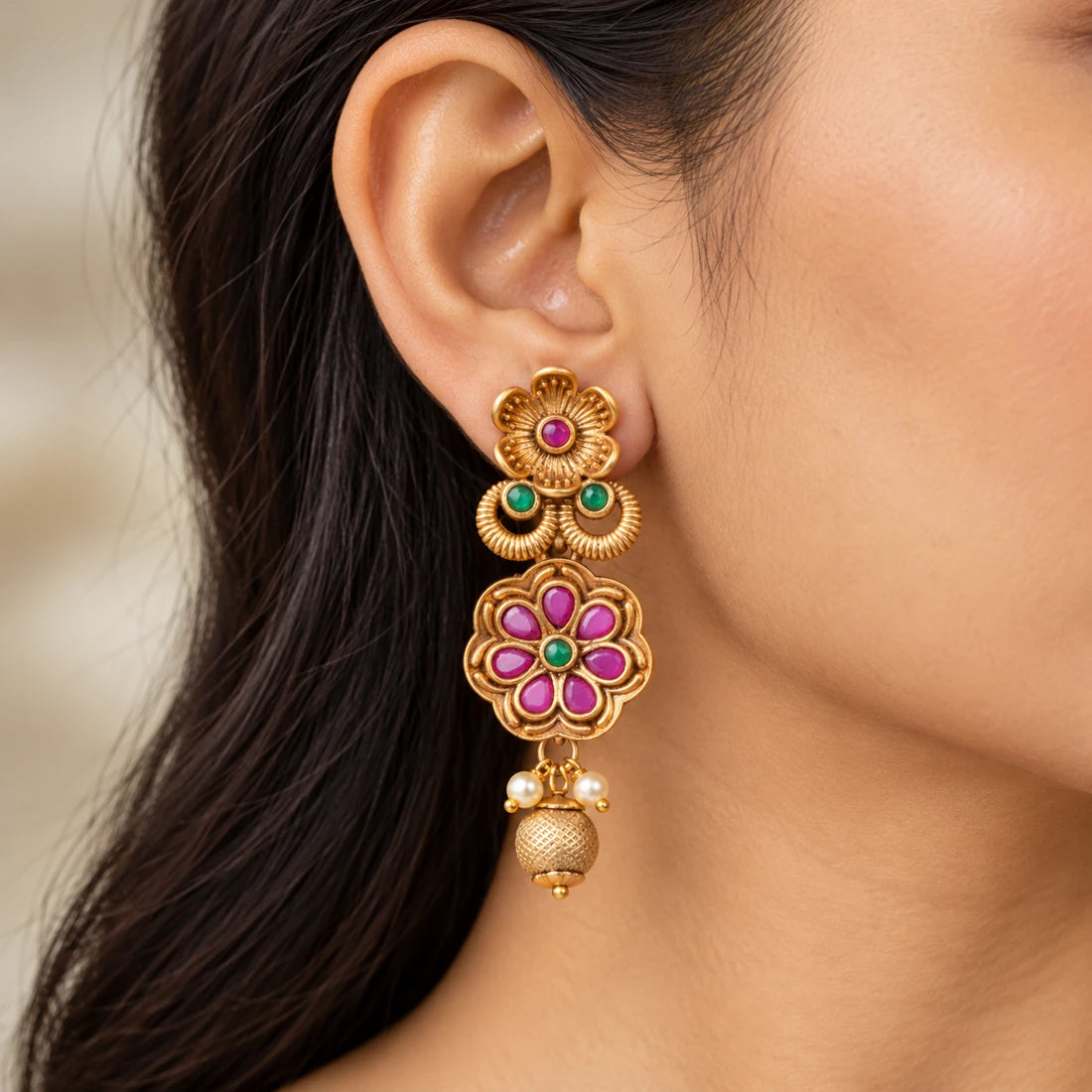 Seevee Fashion Matte Gold Plated Floral Dangler Earrings
