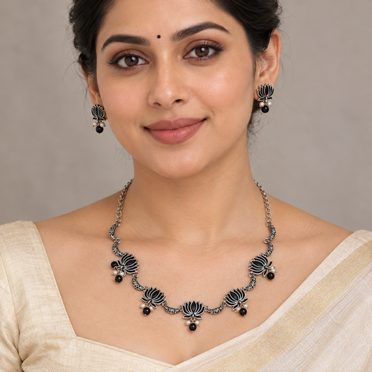 Seevee Fashion Oxidised Plated Lotus Choker Necklace