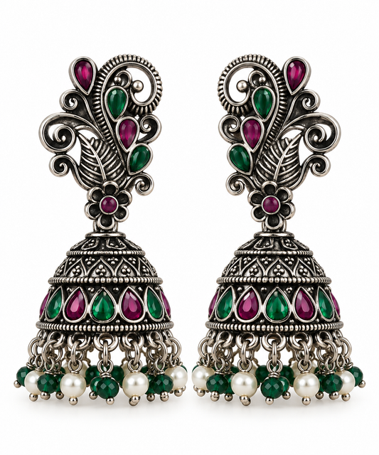 Seevee Fashion Oxidised Plated Pota Stone Peacock Jhumki Earrings