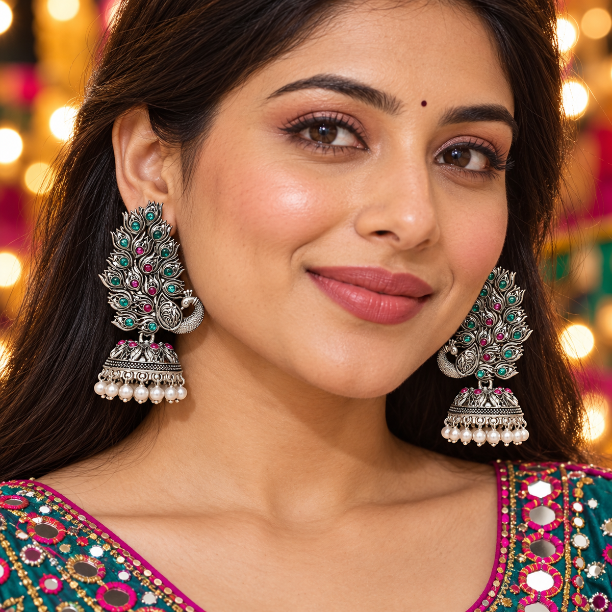 Seevee Fashion Oxidised Plated Pota Stone Peacock Jhumki Earrings