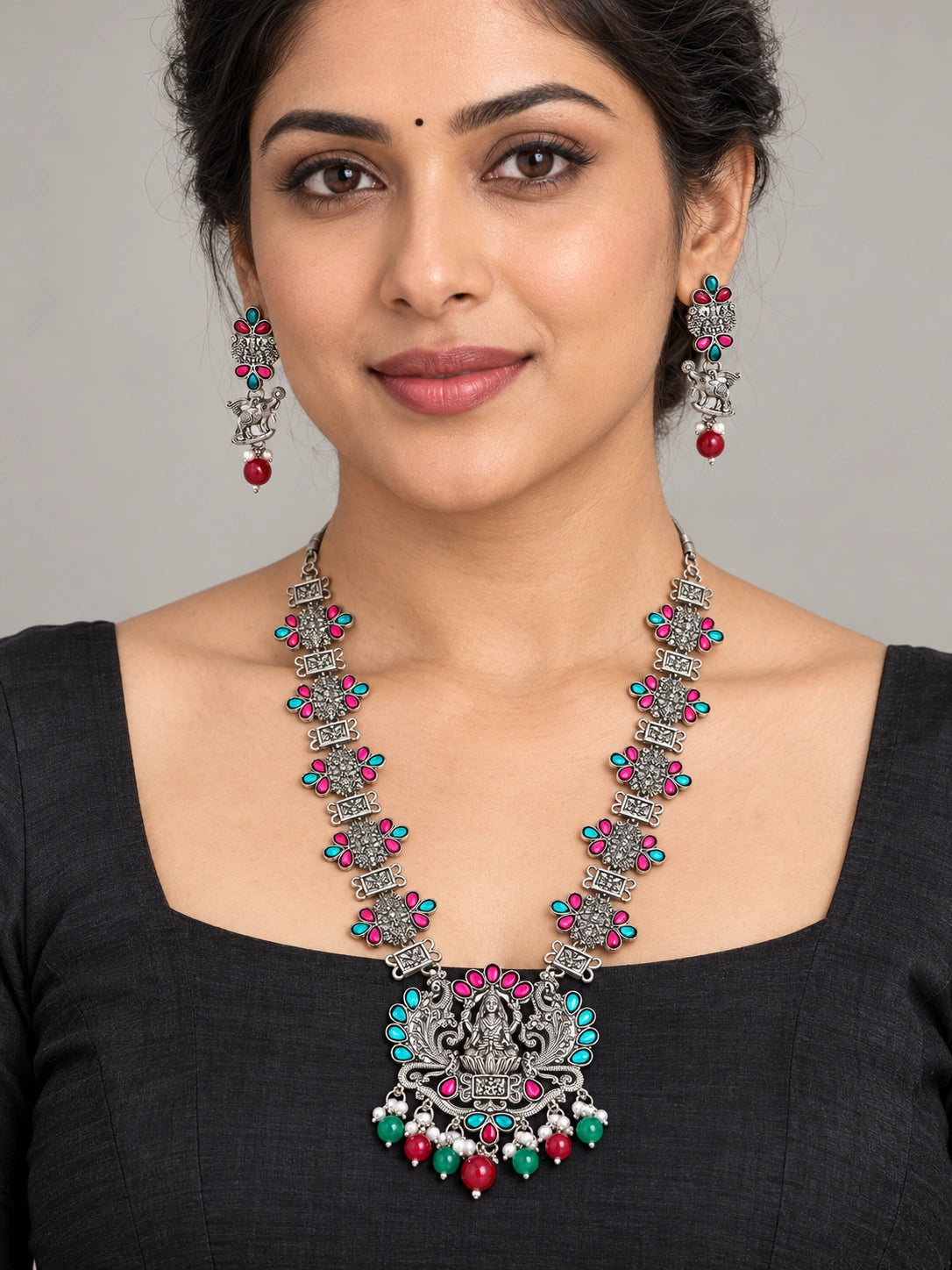 Seevee Fashion Oxidised Plated Kundan Pota Stone TempleLong Necklace Set