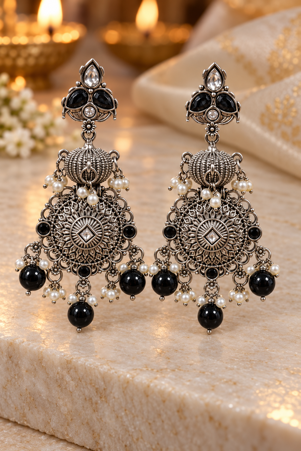 Seevee Fashion Oxidised Plated Pota Crystal Stone Dangler Earrings
