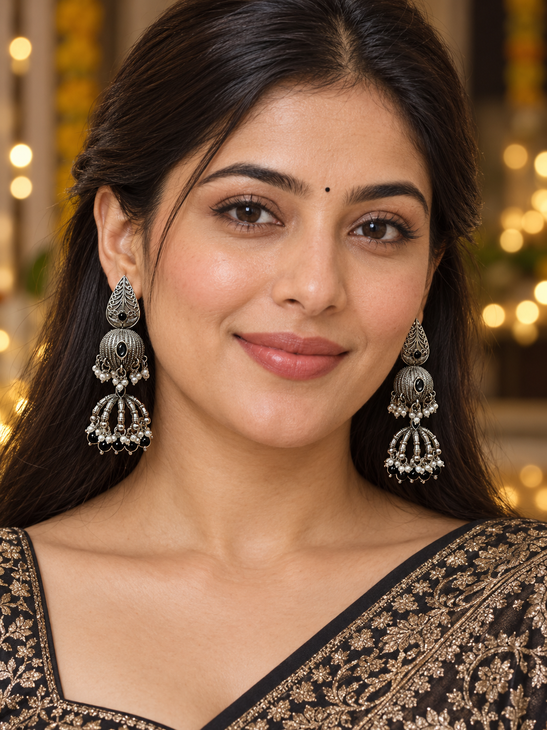 Seevee Fashion Oxidised Plated Pota Crystal Stone Jhumki Earrings