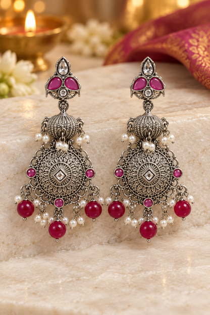 Seevee Fashion Oxidised Plated Pota Crystal Stone Dangler Earrings