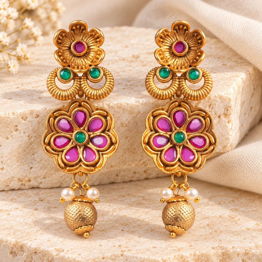 Seevee Fashion Matte Gold Plated Floral Dangler Earrings