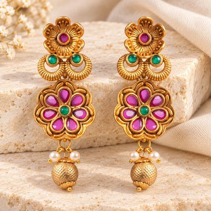 Seevee Fashion Matte Gold Plated Floral Dangler Earrings