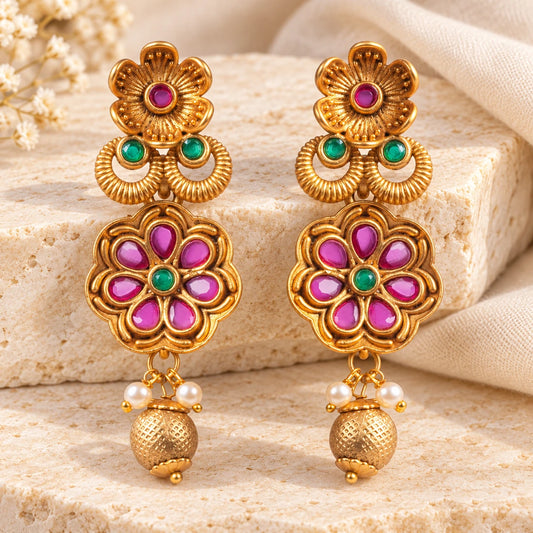 Seevee Fashion Matte Gold Plated Floral Dangler Earrings