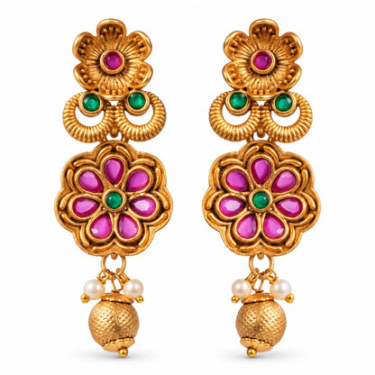 Seevee Fashion Matte Gold Plated Floral Dangler Earrings