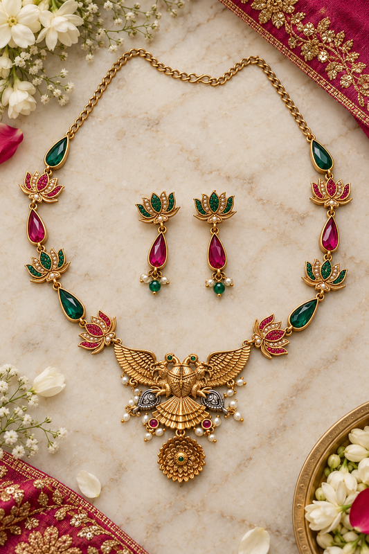 Seevee Fashion Gold Plated Pota Stone Lotus Peacock Choker Necklace Set