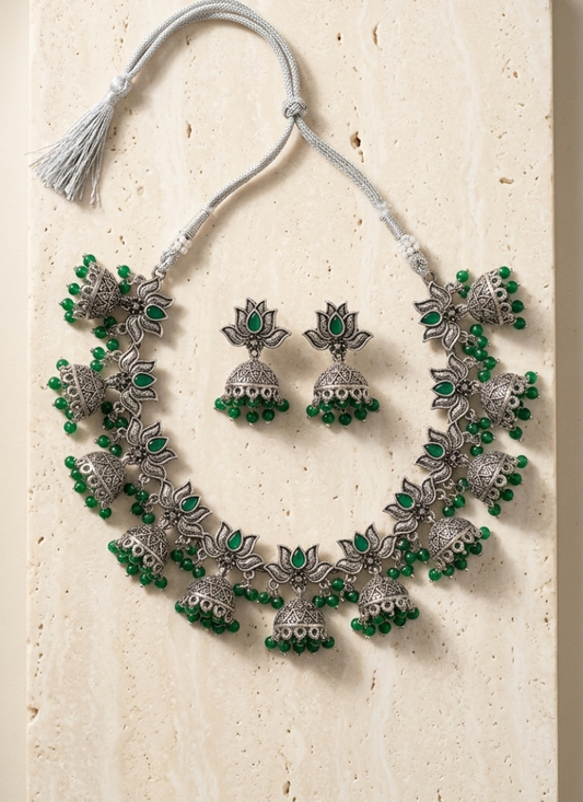 Seevee Fashion Oxidised Plated Kundan Stone Lotus Long Necklace Set