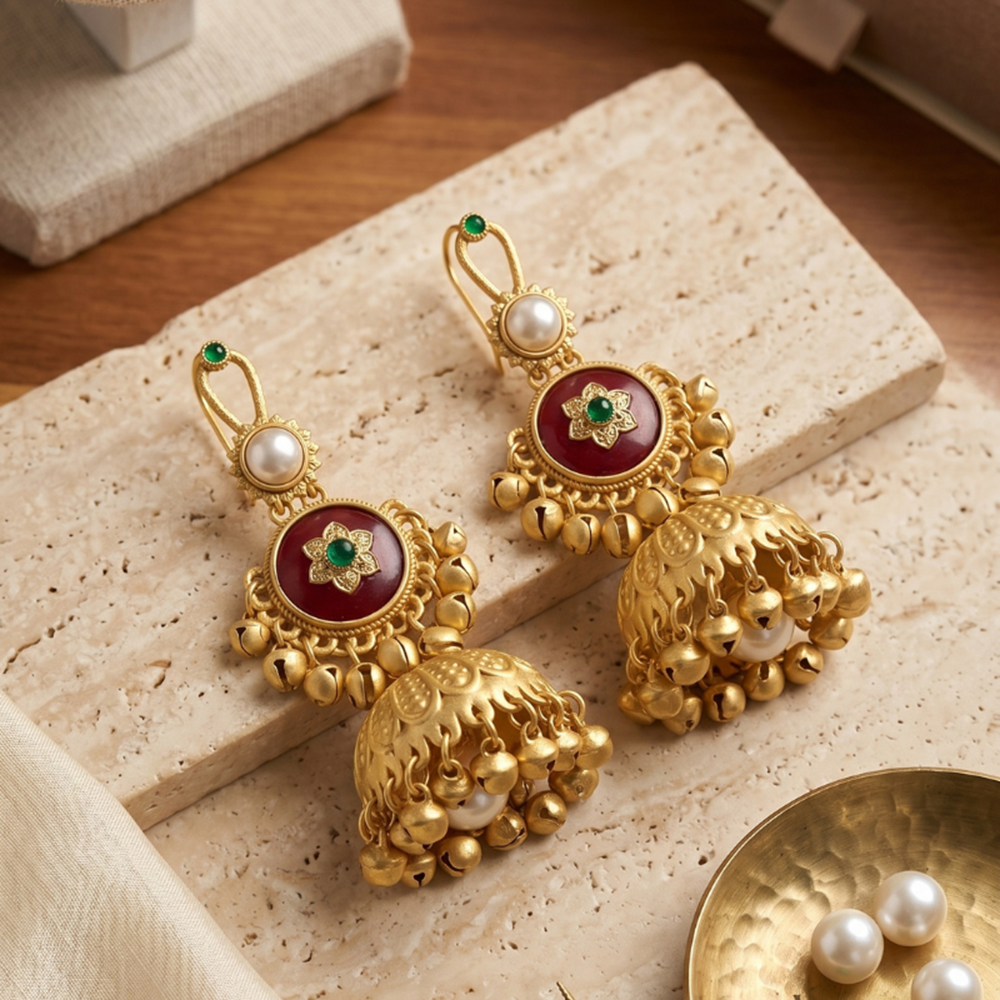 Seevee Fashion Gold Plated Pota Stone Traditional Ethnic Kashmiri Earrings