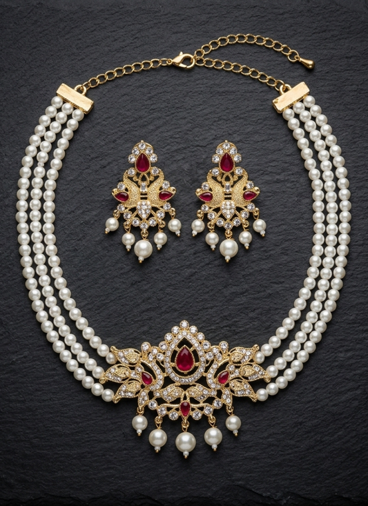 Seevee Fashion Gold Plated Austrian Stone And Pearl Choker Necklace Set