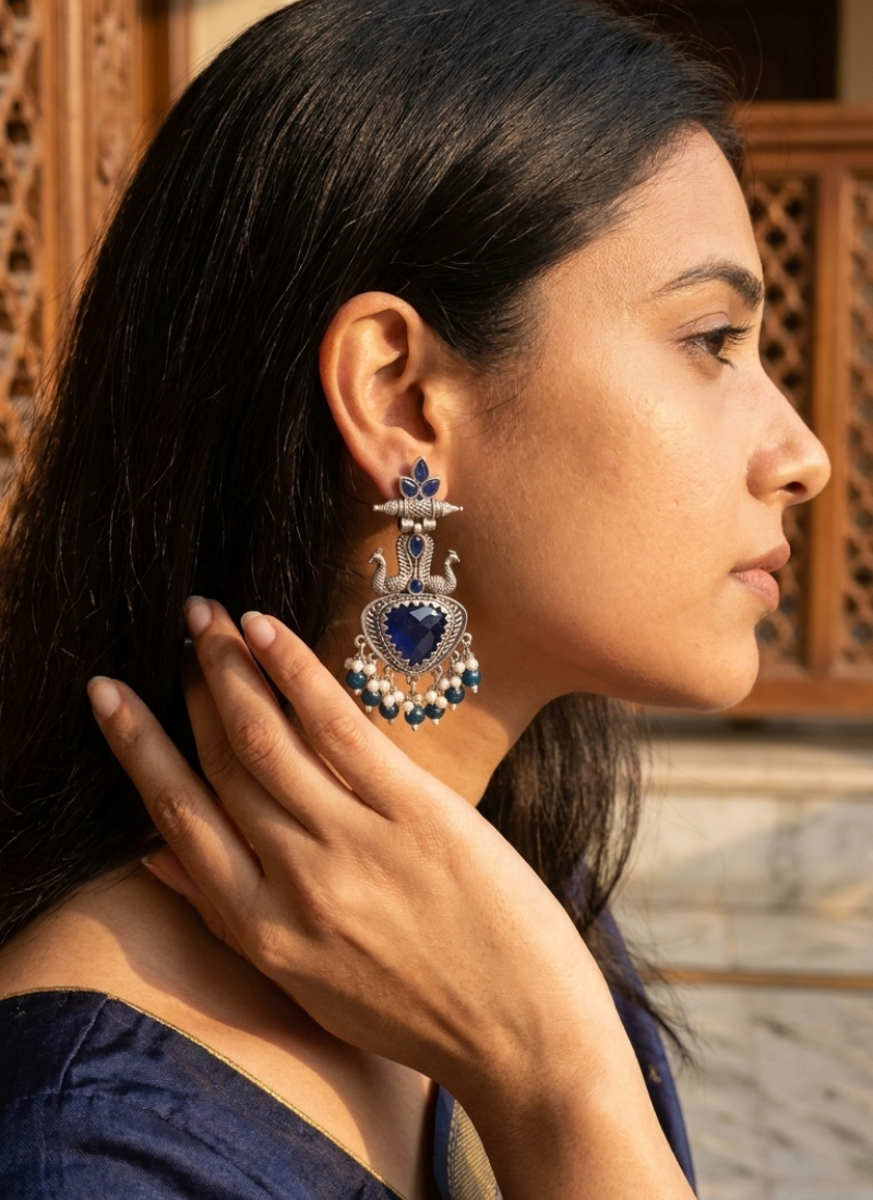 Seevee Fashion Oxidised Plated Kundan Stone Peacock Dangler Earrings for Women