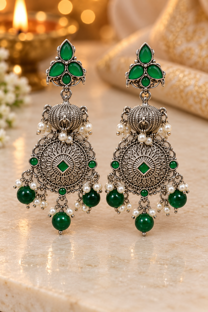 Seevee Fashion Oxidised Plated Pota Crystal Stone Dangler Earrings