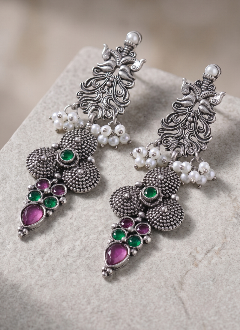 Seevee Fashion Silver Plated Kundan Stone Dangler Earrings for Women