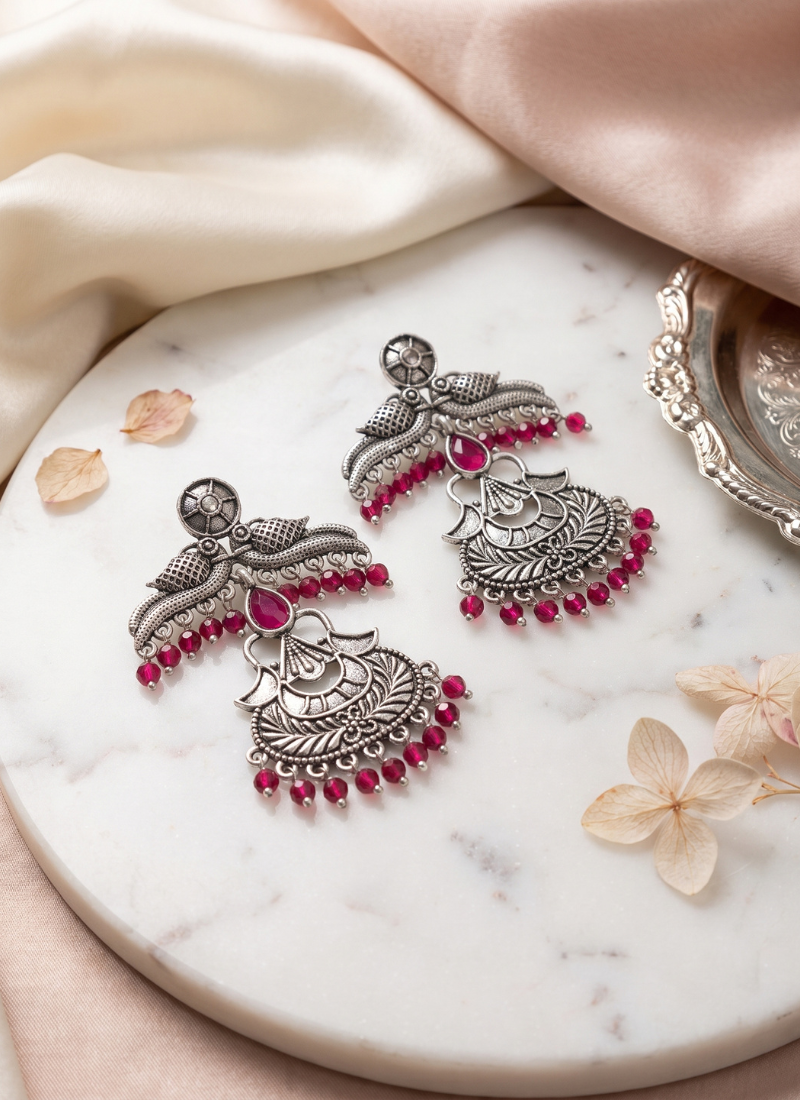 Seevee Fashion Silver Plated Kundan Stone And Beads Bird Dangler Earrings for Women