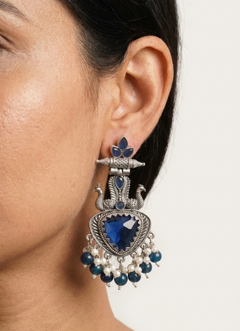 Seevee Fashion Oxidised Plated Kundan Stone Peacock Dangler Earrings for Women