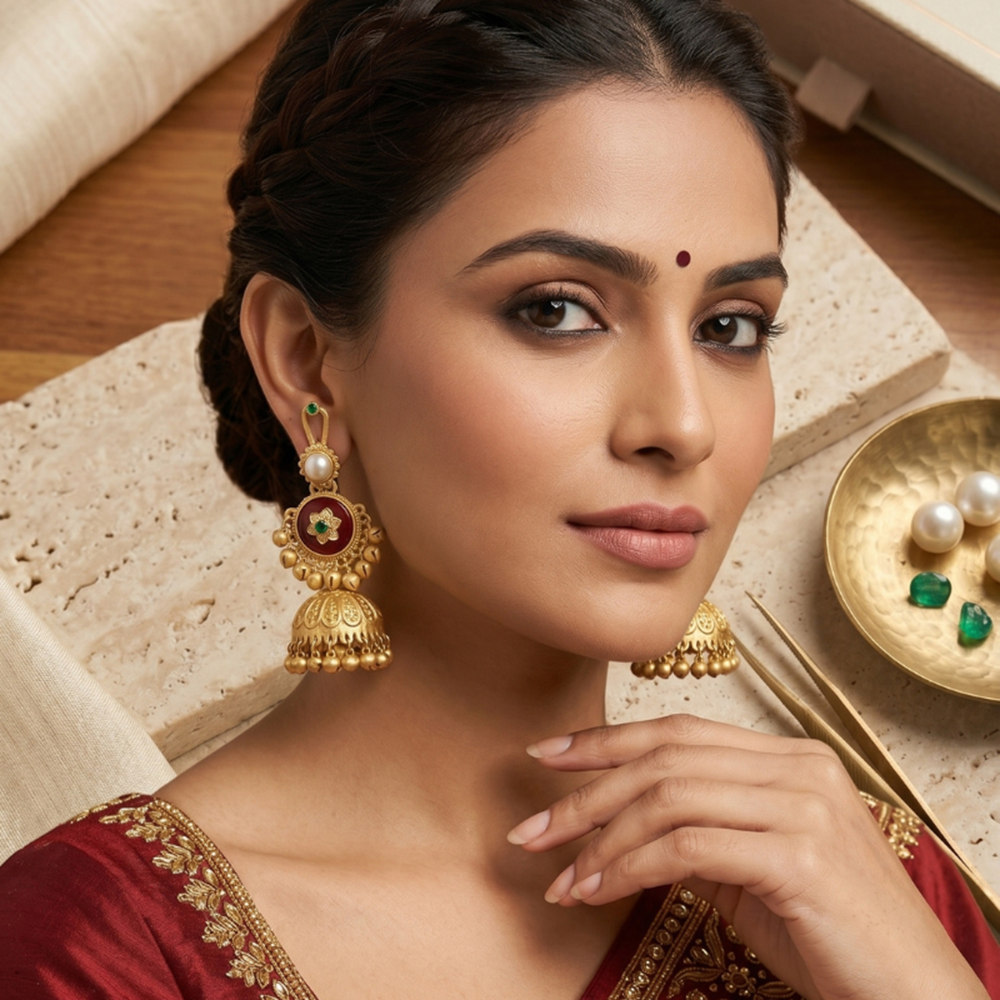 Seevee Fashion Gold Plated Pota Stone Traditional Ethnic Kashmiri Earrings