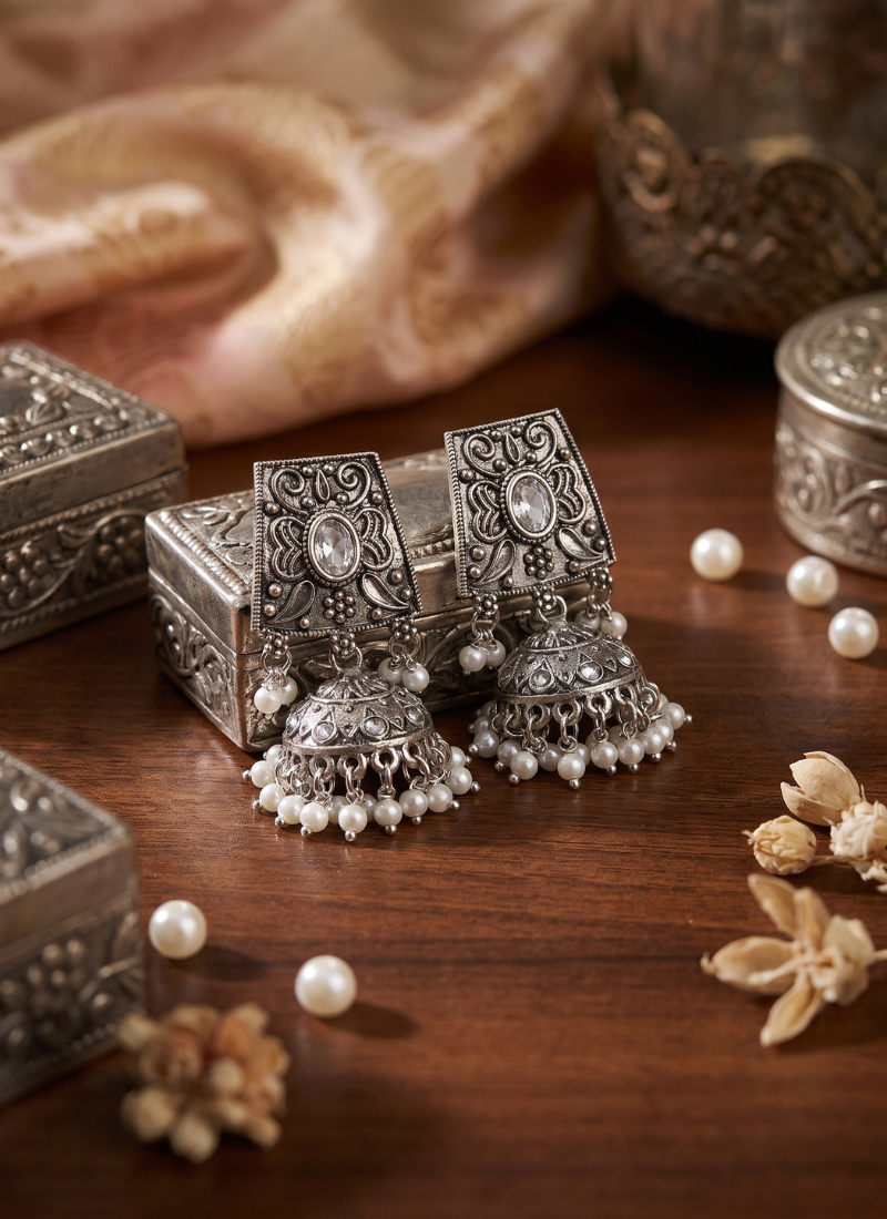 Seevee Fashion Silver Plated Kundan Stone Jhumki Earrings for Women
