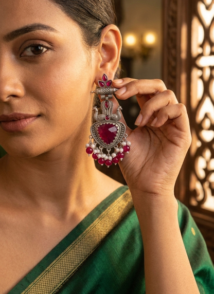 Seevee Fashion Oxidised Plated Kundan Stone Peacock Dangler Earrings for Women