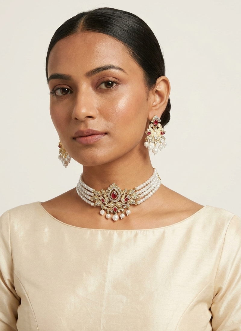 Seevee Fashion Gold Plated Austrian Stone And Pearl Choker Necklace Set