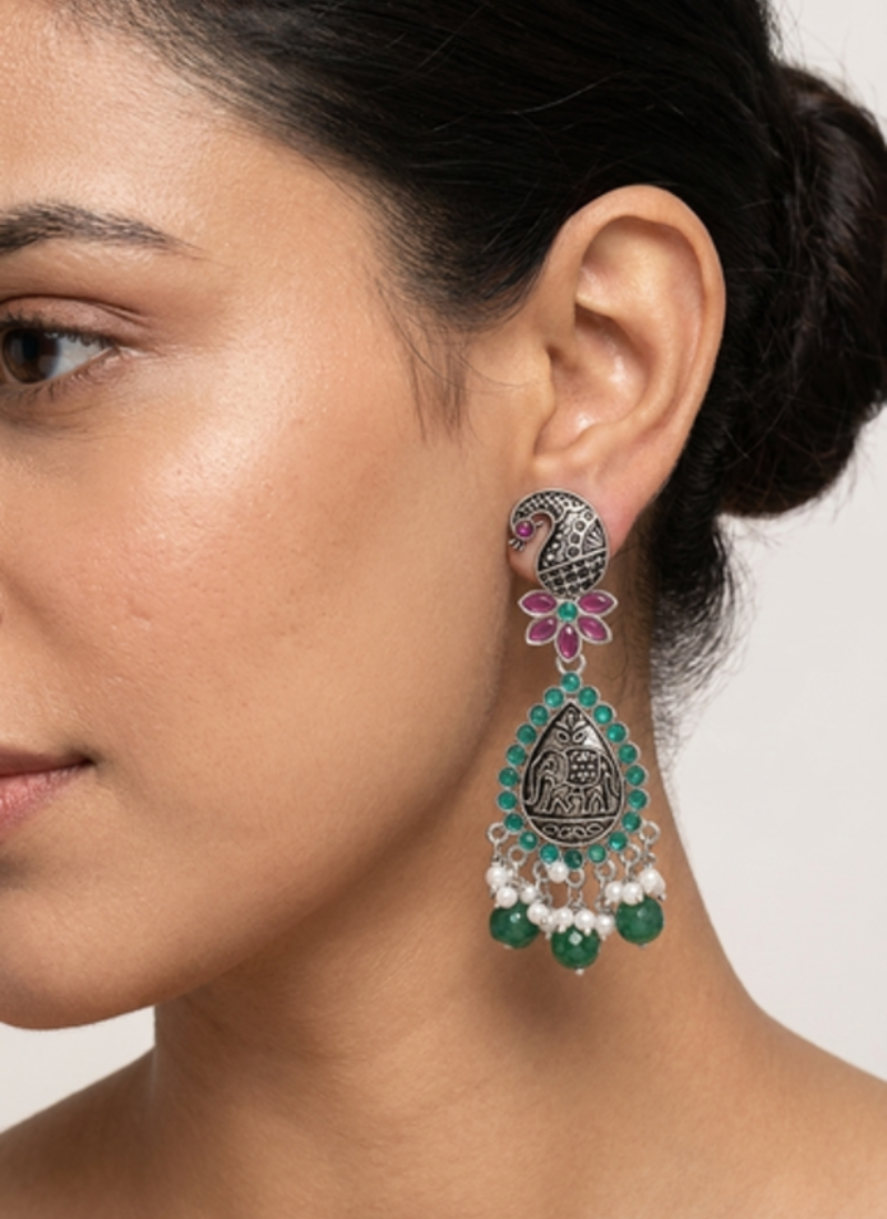 Seevee Fashion Oxidised Plated Pota Stone Dangler Earrings for Women