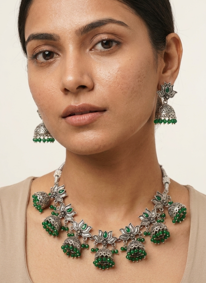 Seevee Fashion Oxidised Plated Kundan Stone Lotus Long Necklace Set