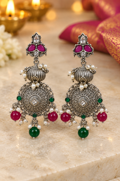 Seevee Fashion Oxidised Plated Pota Crystal Stone Dangler Earrings