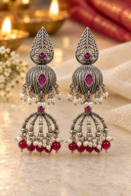 Seevee Fashion Oxidised Plated Pota Crystal Stone Jhumki Earrings