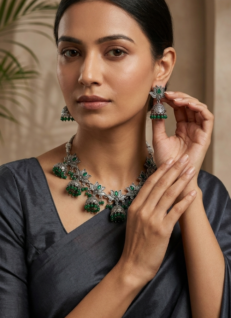 Seevee Fashion Oxidised Plated Kundan Stone Lotus Long Necklace Set