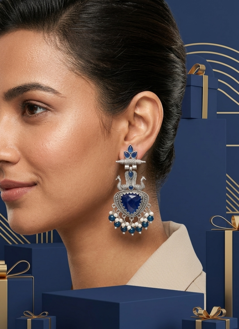 Seevee Fashion Oxidised Plated Kundan Stone Peacock Dangler Earrings for Women
