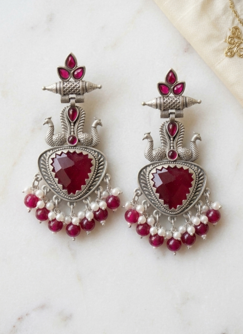 Seevee Fashion Oxidised Plated Kundan Stone Peacock Dangler Earrings for Women