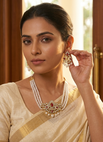 Seevee Fashion Gold Plated Austrian Stone And Pearl Choker Necklace Set