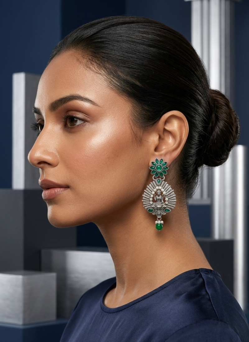 Seevee Fashion Oxidised Plated Kundan Stone Temple Dangler Earrings for Women