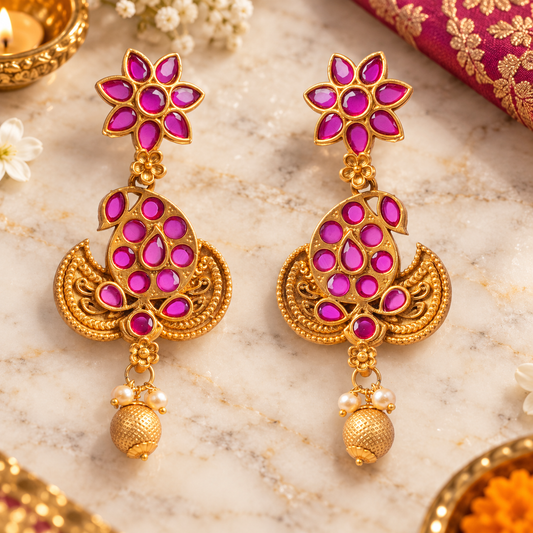 Seevee Fashion Gold Plated Pota Kundan Stone Dangler Earrings