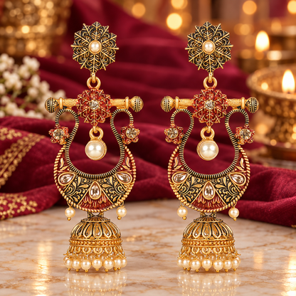Seevee Fashion Gold Plated Kundan Stone And Meenakari Jhumki Earrings