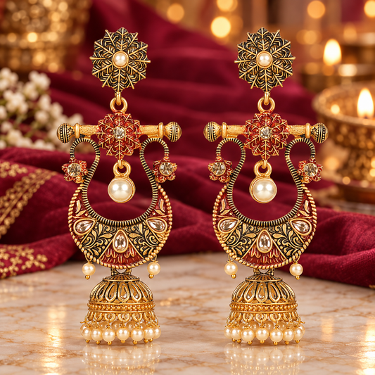 Seevee Fashion Gold Plated Kundan Stone And Meenakari Jhumki Earrings