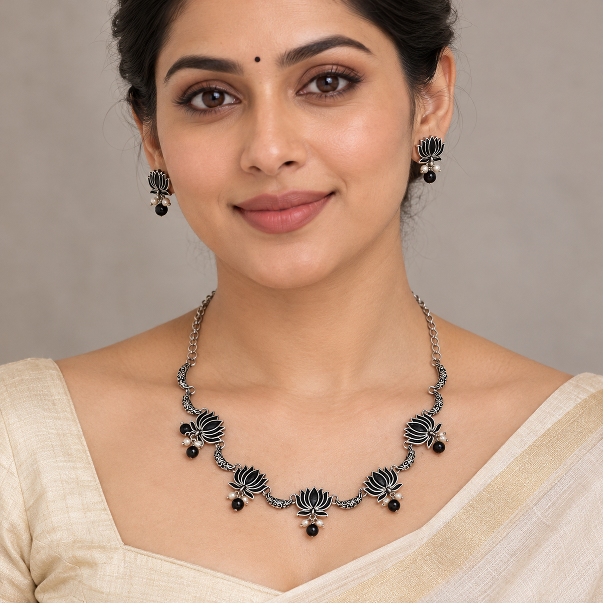 Seevee Fashion Oxidised Plated Lotus Choker Necklace