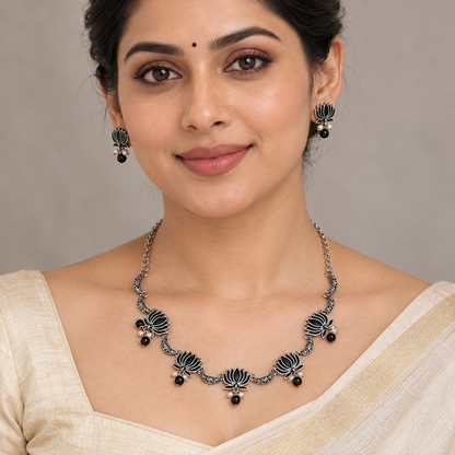 Seevee Fashion Oxidised Plated Lotus Choker Necklace