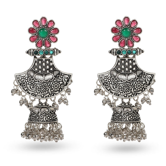 Seevee Fashion Oxidised Plated Pota Crystal Stone Jhumki Earrings