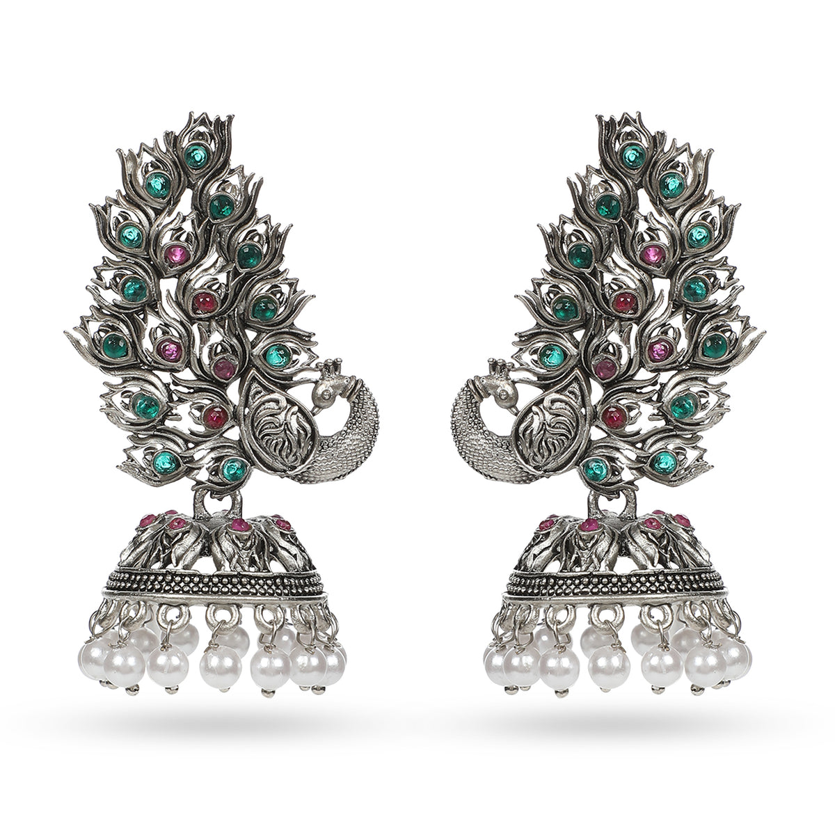 Seevee Fashion Oxidised Plated Pota Stone Peacock Jhumki Earrings