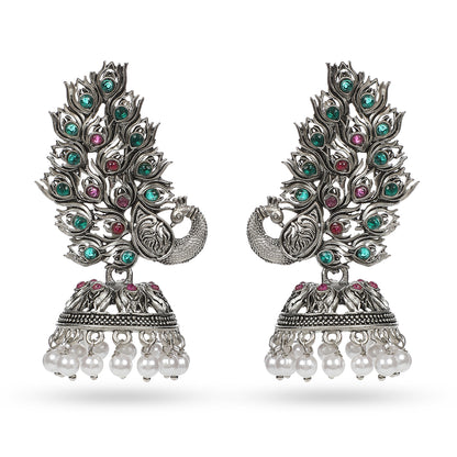 Seevee Fashion Oxidised Plated Pota Stone Peacock Jhumki Earrings