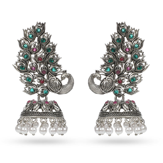 Seevee Fashion Oxidised Plated Pota Stone Peacock Jhumki Earrings