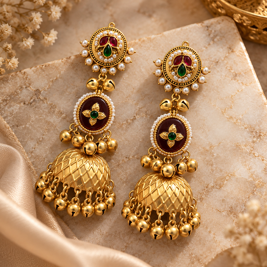 Seevee Fashion Gold Plated Pota Kundan Stone Traditional Ethnic Kashmiri Earrings