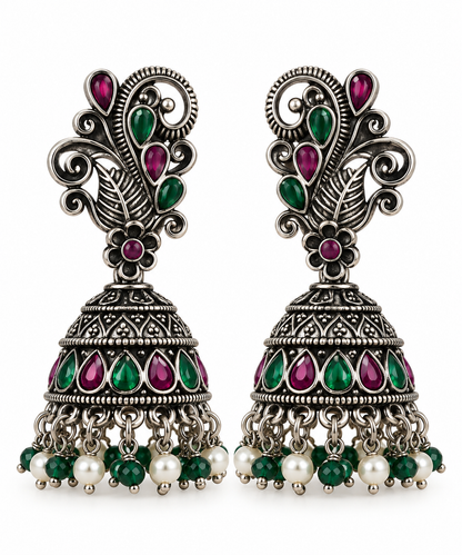 Seevee Fashion Oxidised Plated Pota Stone Peacock Jhumki Earrings