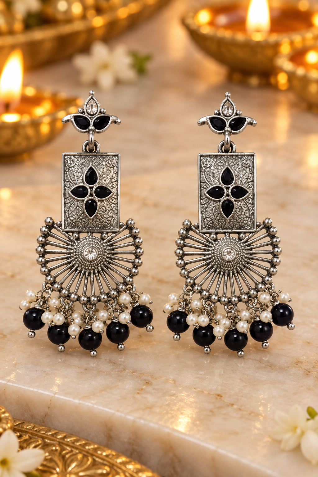 Seevee Fashion Oxidised Plated Pota Stone Dangler Earrings