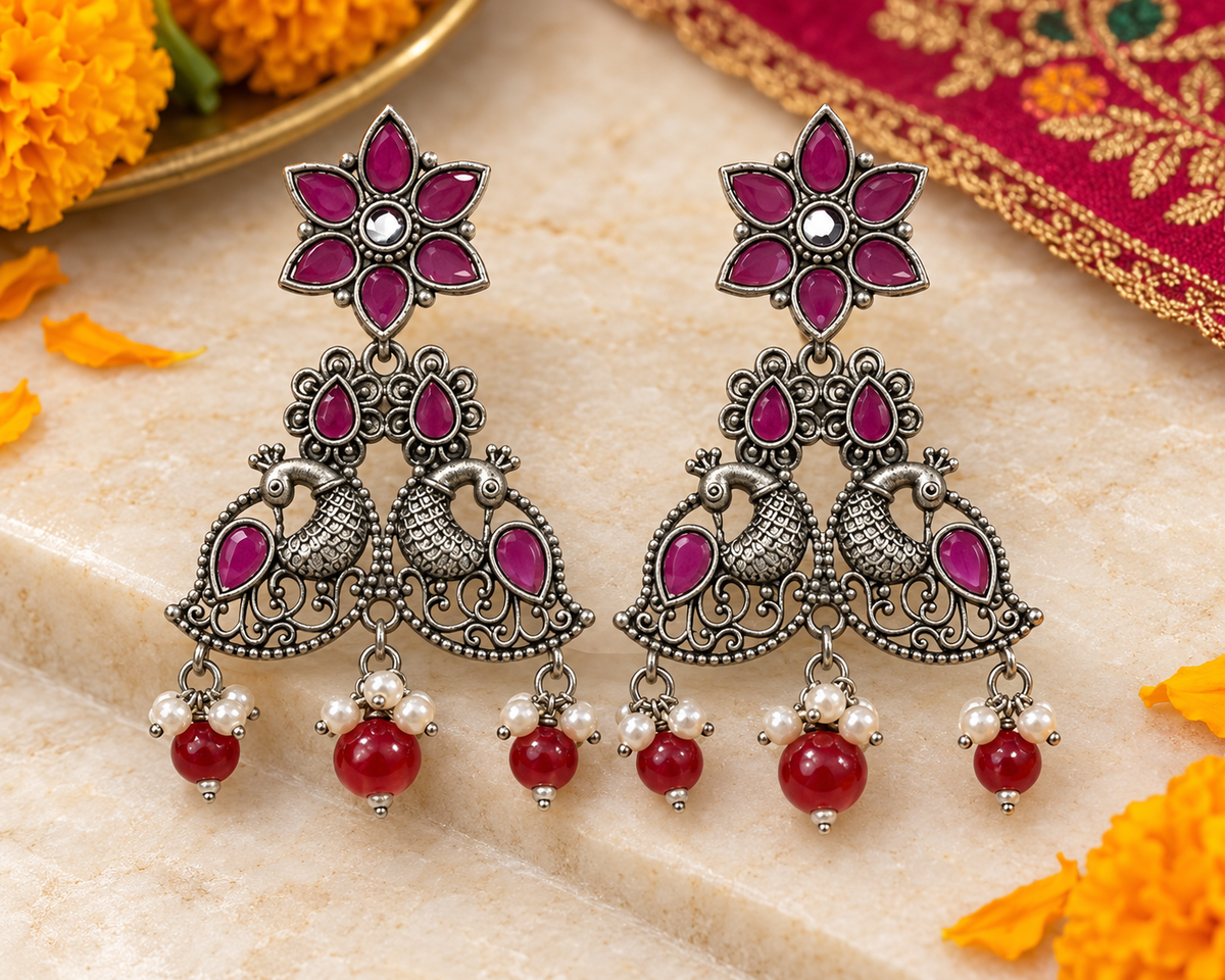 Seevee Fashion Oxidised Plated Pota Stone Peacock Dangler Earrings
