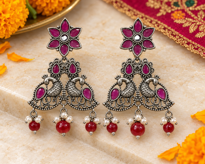 Seevee Fashion Oxidised Plated Pota Stone Peacock Dangler Earrings