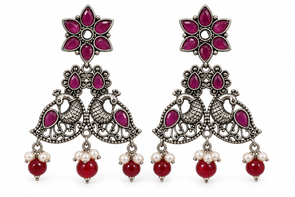 Seevee Fashion Oxidised Plated Pota Stone Peacock Dangler Earrings