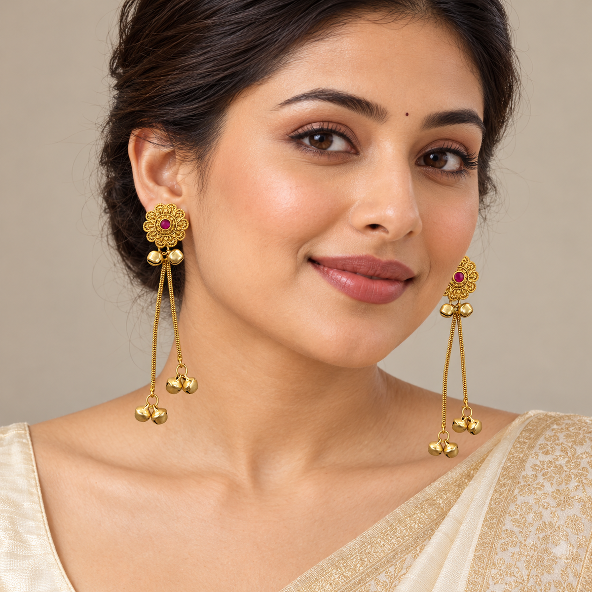 Seevee Fashion Gold Plated Pota Stone Ghungroo Kashmiri Earrings for Women